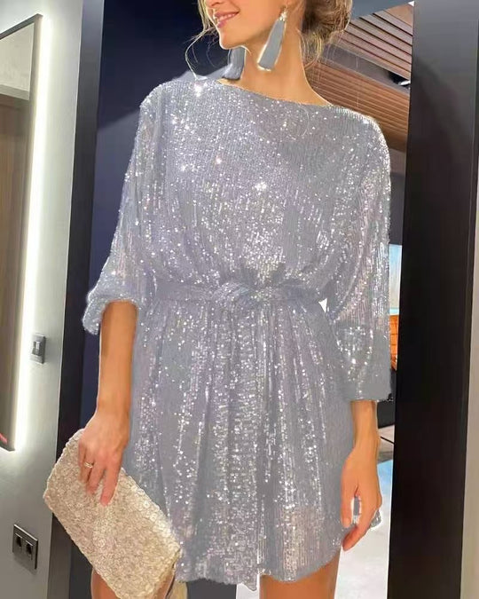 Damen Glitzerndes Minikleid mit langen Ärmeln und schimmerndem Oberstoff EB