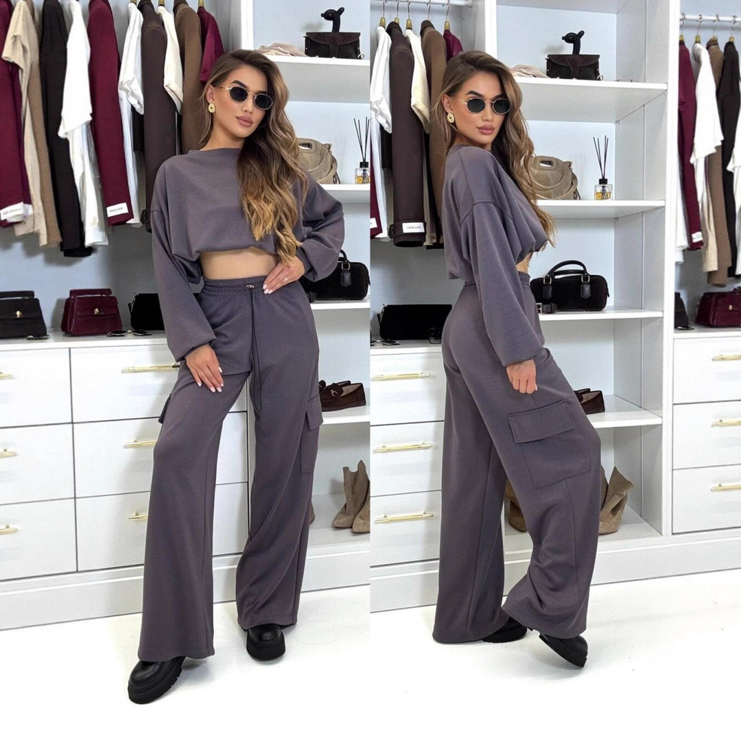Damen kurzes Oversize-Sweatshirt mit weitem Cargo-Hose Lounge-Set Eichborn Berlin