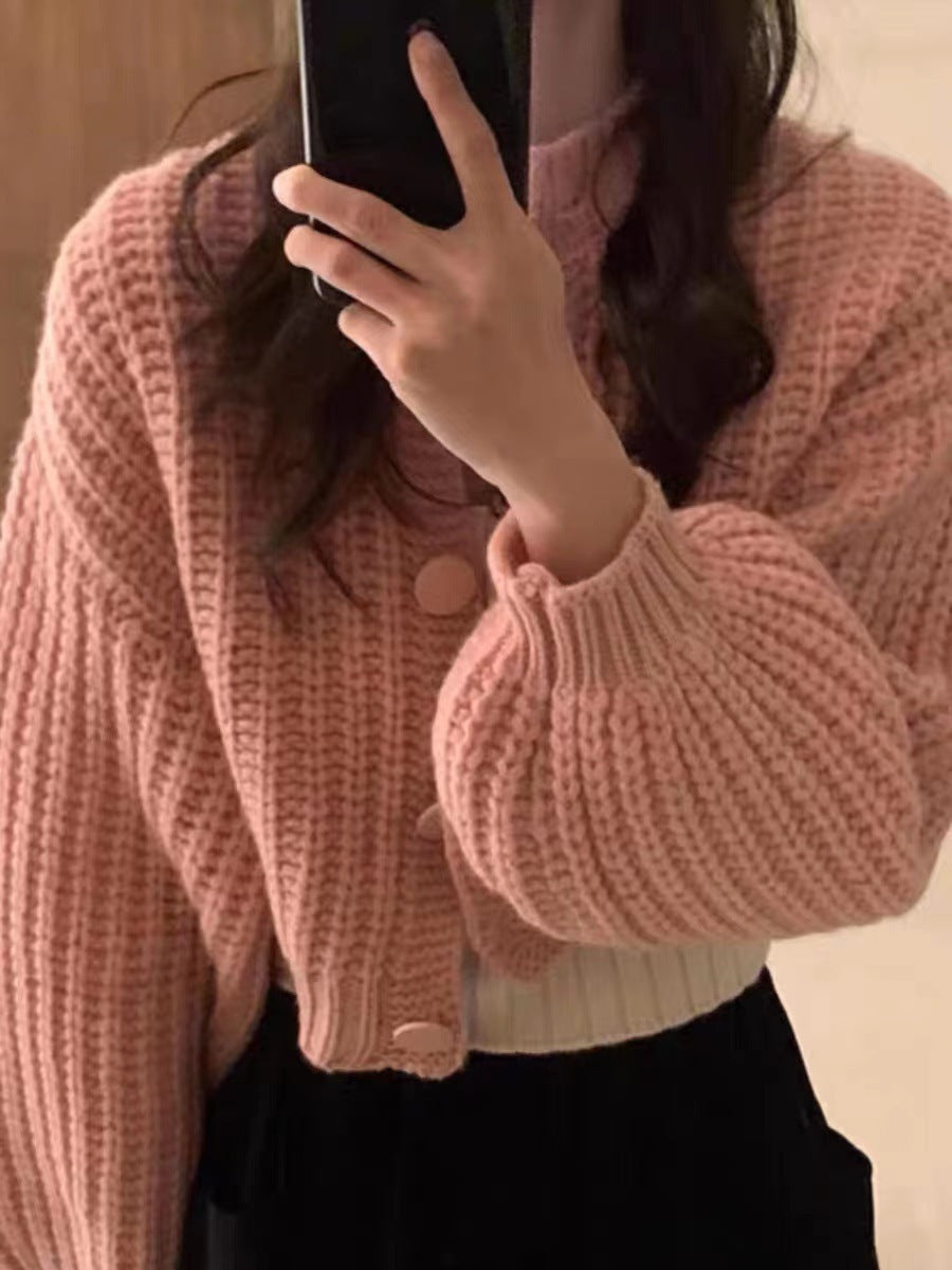 Damen Grobstrickcardigan mit voluminösen Ärmeln und großen Knöpfen EB