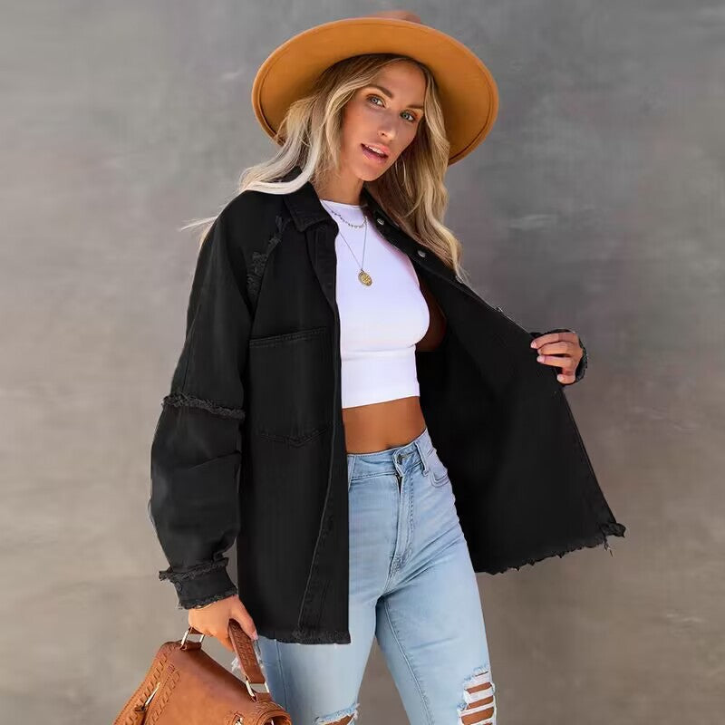 Damen Lässige Denim-Übergangsjacke im Vintage-Stil mit fransigen Details EB