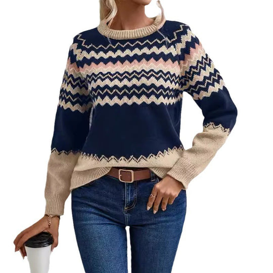 Damen Pullover mit Wellenmuster und klassischem Rundhalsausschnitt EB