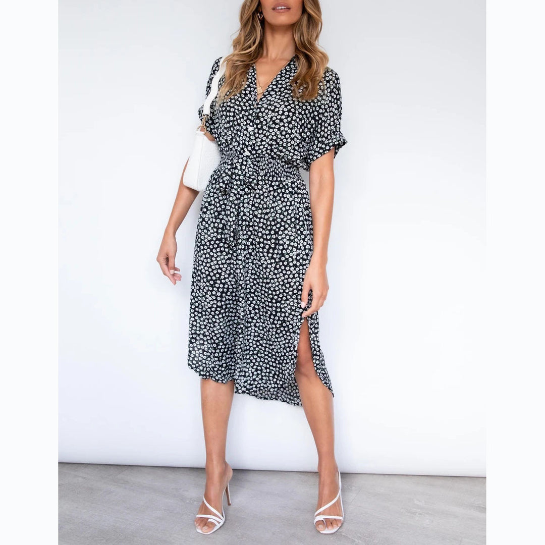 Damen Midikleid mit knotenfreiem Gürtel und verspieltem Punkte-Design EB