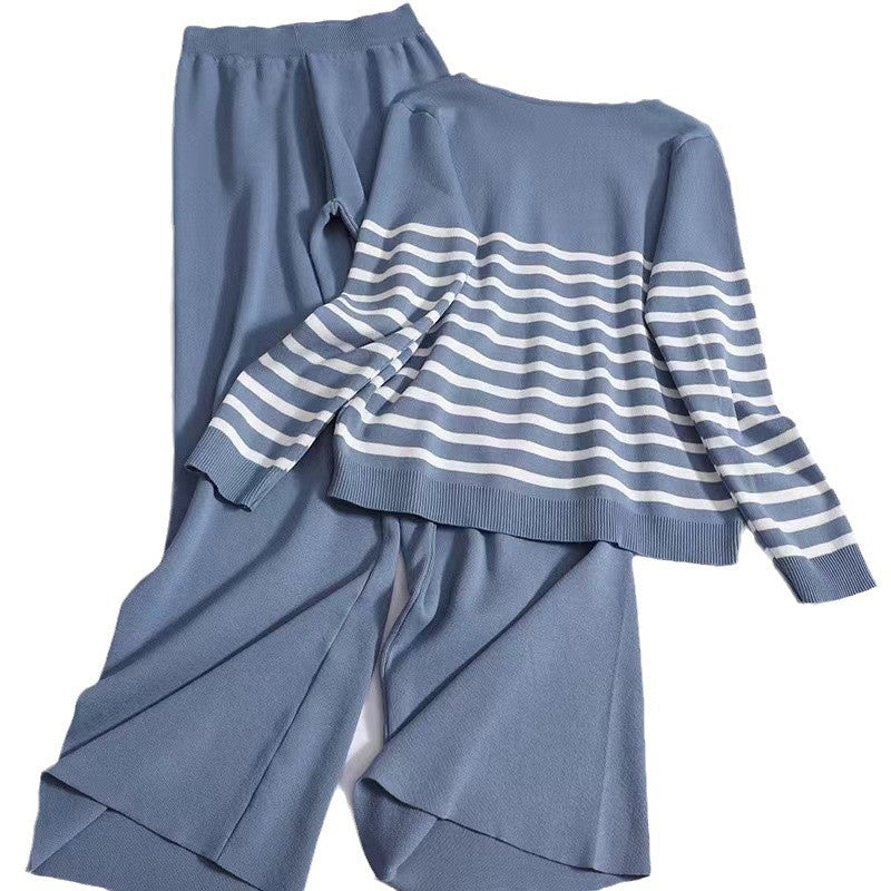 Damen gemütliches Strick-Loungewear-Set mit Streifenmuster EB