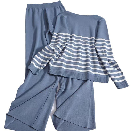 Damen gemütliches Strick-Loungewear-Set mit Streifenmuster EB