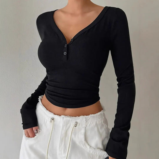 Damen figurbetontes langärmeliges Shirt mit V-Ausschnitt und Knopfleiste EB