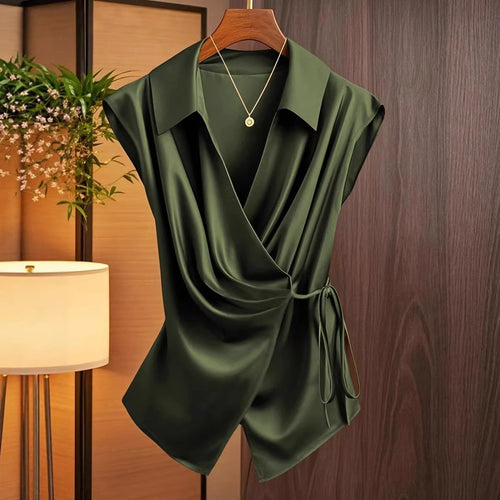 Damen elegante Wickelbluse mit femininer Drapierung und Schalkragen EB