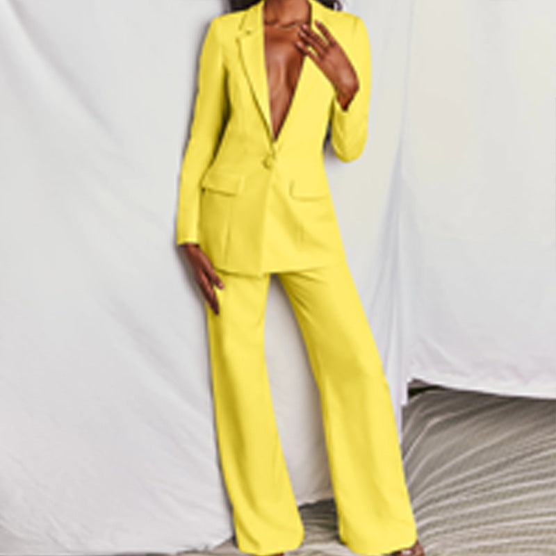 Damen nan eleganter taillierter Zweiteiler mit tiefem V-Revers, Ein-Knopf-Blazer und weiten Bundfaltenhosen EB