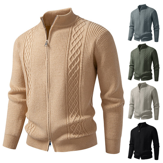 Herren nan Zip-Strickjacke mit dekorativem Zopfmuster, Stehkragen und elastischen Bündchen EB