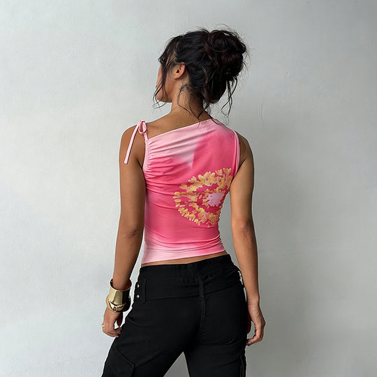 Damen Trägertop mit floralem Design und elastischen Rüschen EB