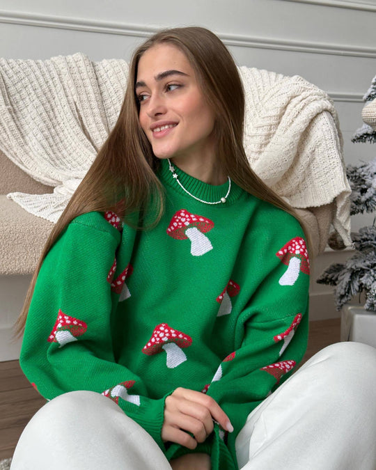 Damen Pullover mit verspielten Pilzstickereien EB