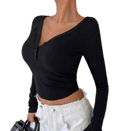 Damen figurbetontes langärmeliges Shirt mit V-Ausschnitt und Knopfleiste EB