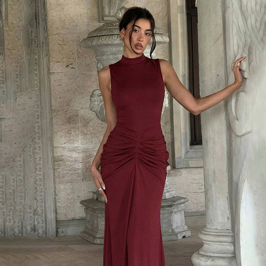Damen Elegantes Maxikleid mit asymmetrischem Schnitt und hochgeschlossenem Design EB