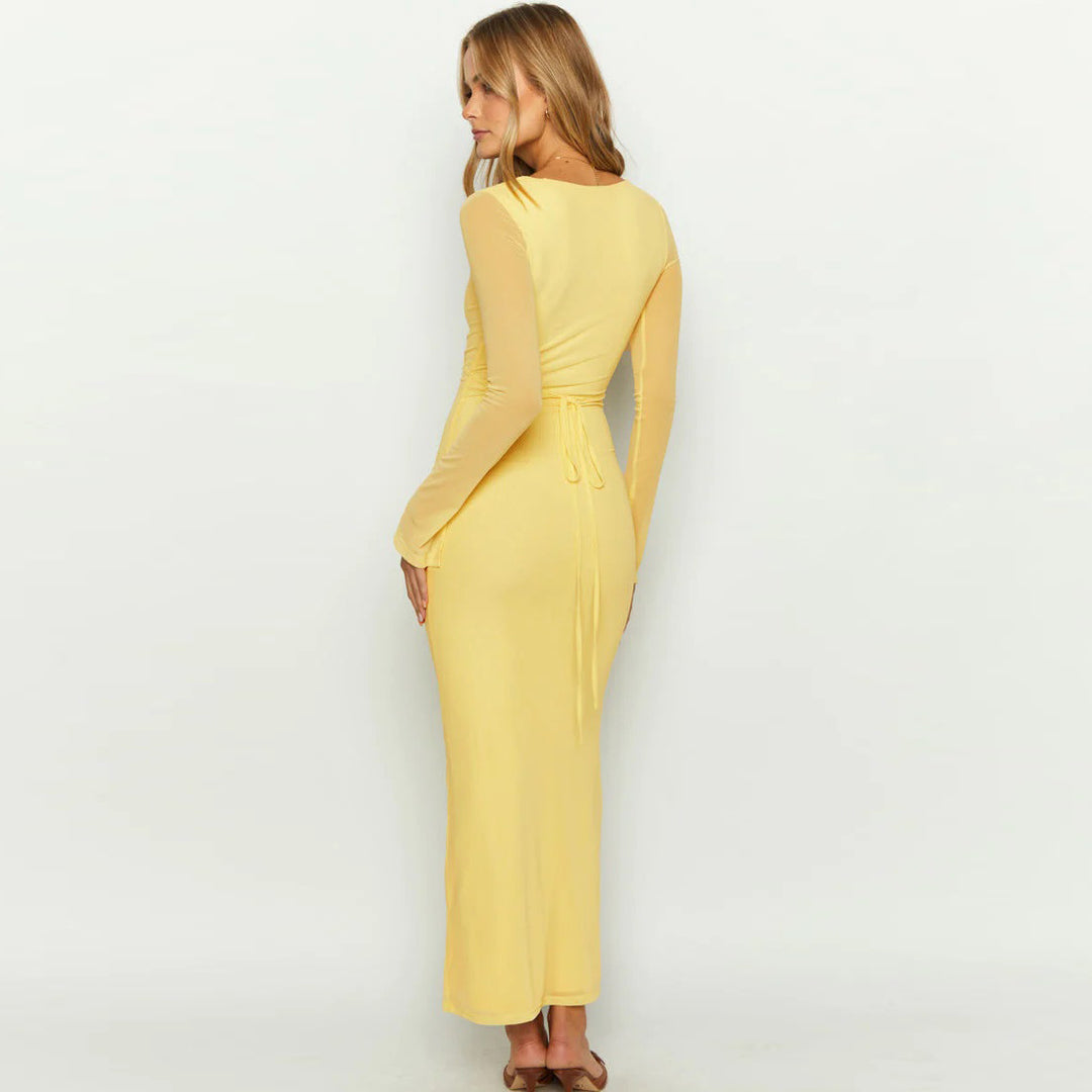 Damen elegantes Maxikleid mit tiefem V-Ausschnitt und transparenten Ärmeln EB