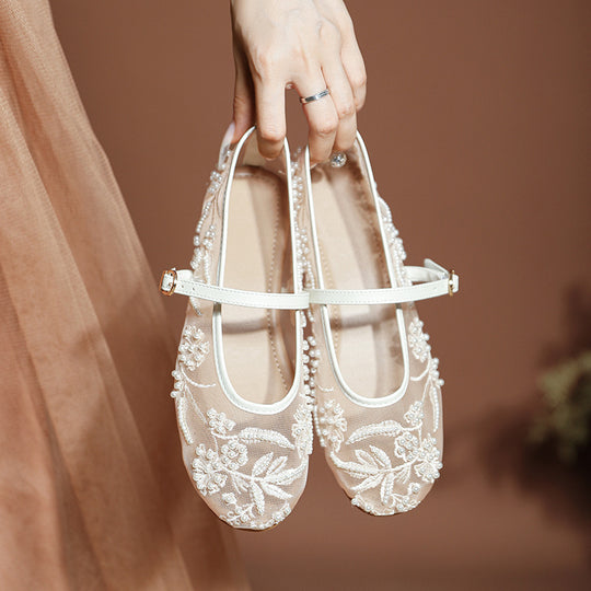 Damen Ballerinas mit floralem Stickereibesatz EB