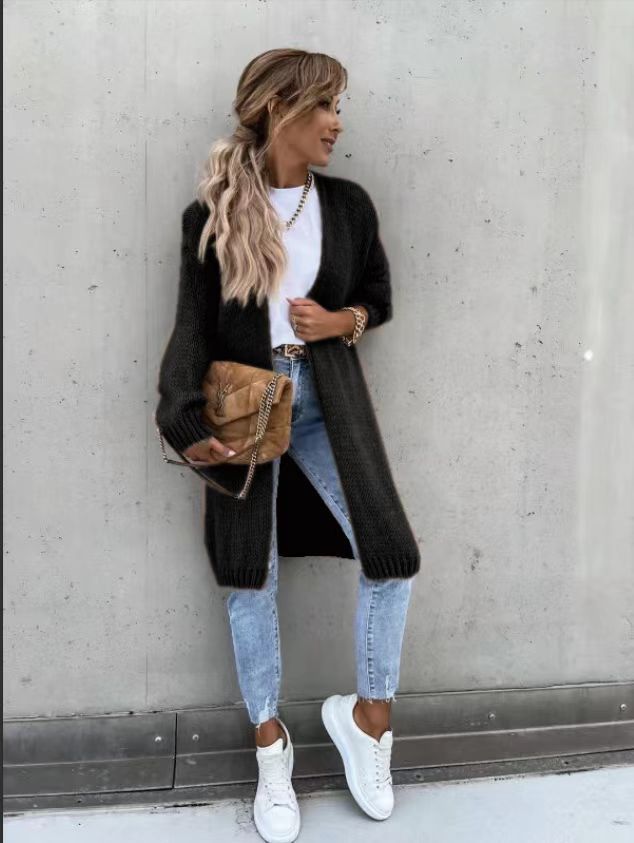 Damen Grober Strickmantel mit tiefen Taschen und modischem Schnitt EB