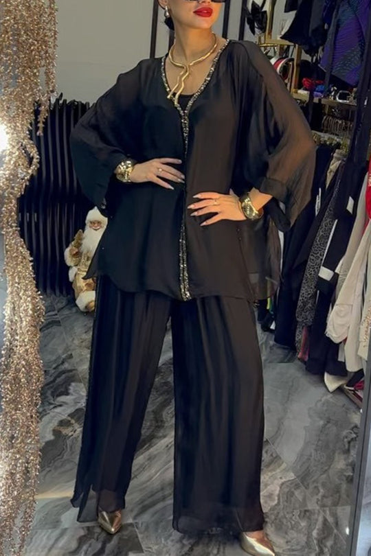 Damen elegante und luftige Bluse mit weitem Schnitt und passender Hose EB
