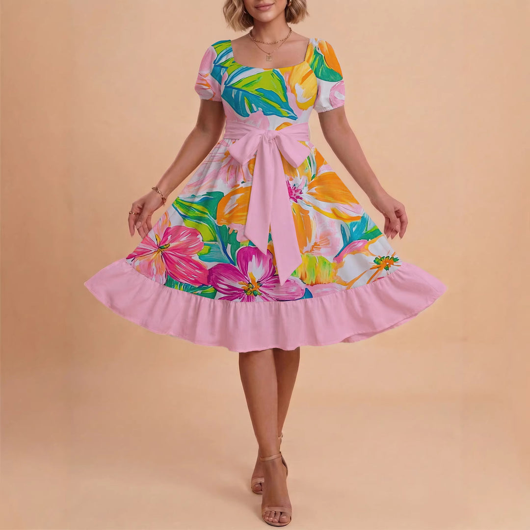 Damen Sommerkleid mit floralem Puffärmel und taillierbarem Gürtel EB