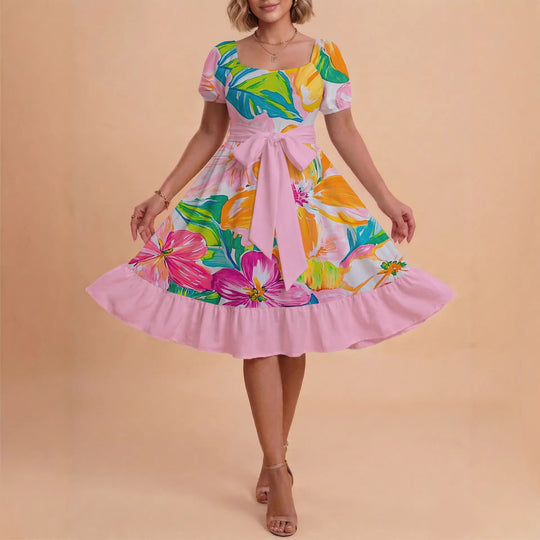 Damen Sommerkleid mit floralem Puffärmel und taillierbarem Gürtel EB