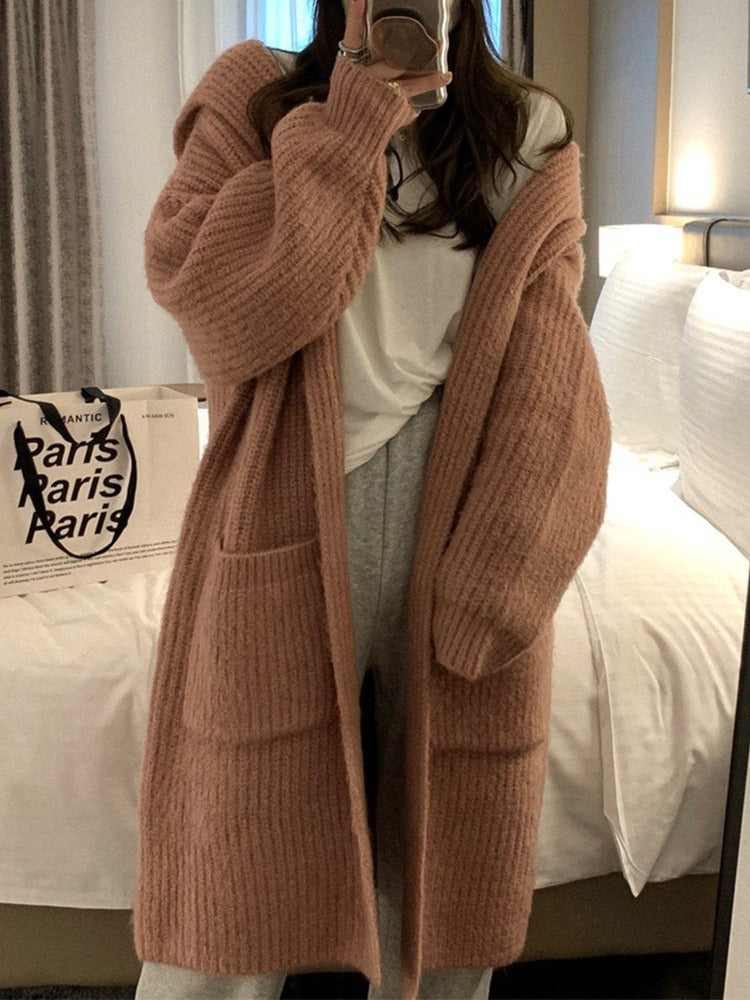 Damen Langer Strickcardigan mit tiefem V-Ausschnitt und Taschen EB