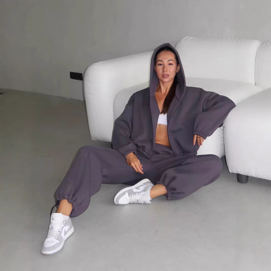 Damen Oversize Sweatset mit Reißverschluss Bomberjacke und Highwaist Jogginghose EB