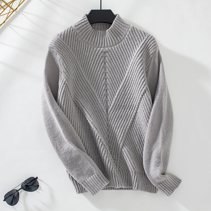 Damen modischer Strickpullover mit hochschließendem Kragen und V-Design EB