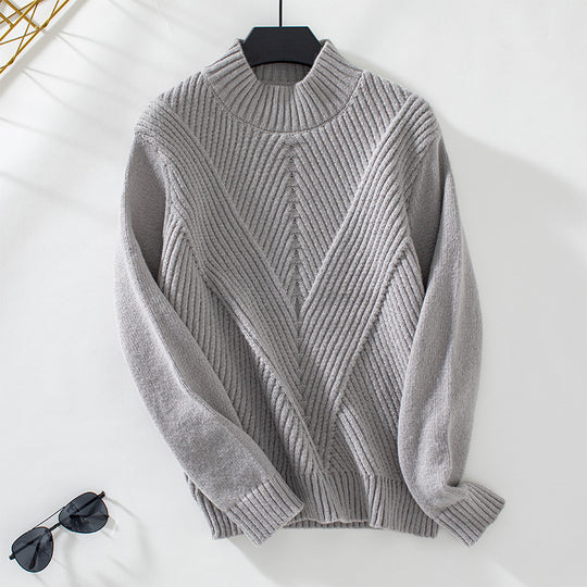 Damen modischer Strickpullover mit hochschließendem Kragen und V-Design EB
