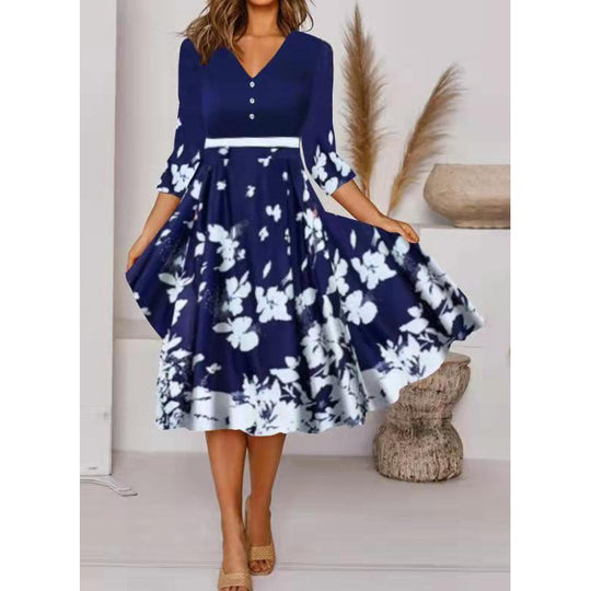 Damen V-Ausschnitt Midi-Kleid mit fließendem Rock und floralem Ärmeldesign EB
