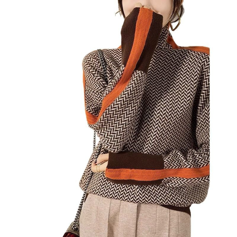 Damen Hochwertiger Rollkragenpullover mit Chevron-Muster EB