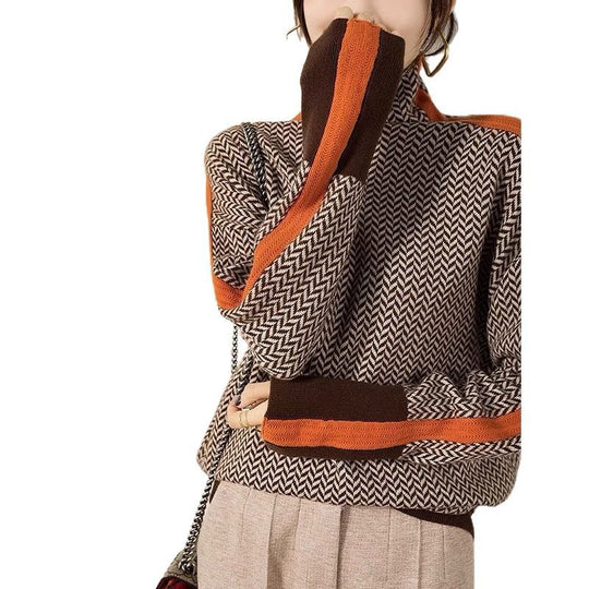 Damen Hochwertiger Rollkragenpullover mit Chevron-Muster EB