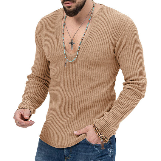 Herren Langarm-Rippenpullover mit tiefem V-Ausschnitt und modernem Schnitt EB