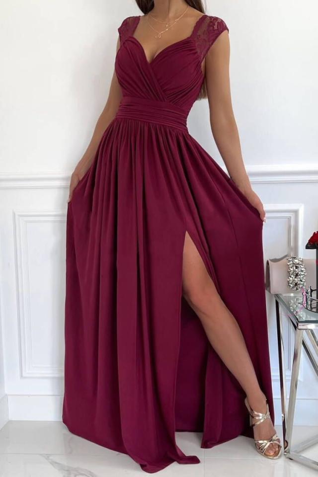 Damen Abendkleid mit Elegantem V-Ausschnitt und Rüschendetails EB
