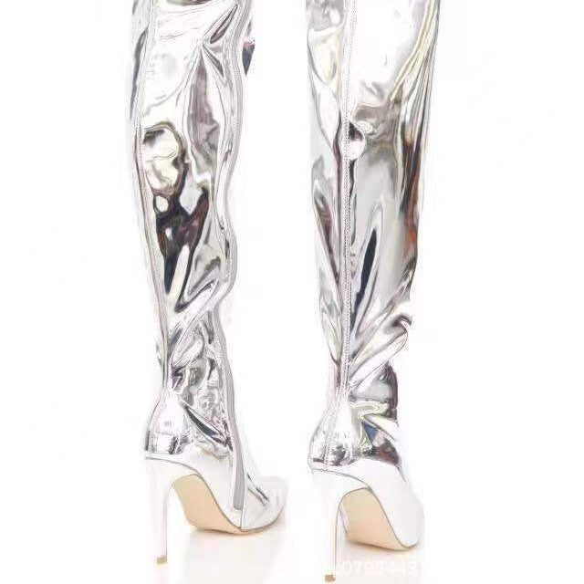 Damen Overknee Stiefel mit glänzender Oberfläche und elegantem Stiletto-Heel EB