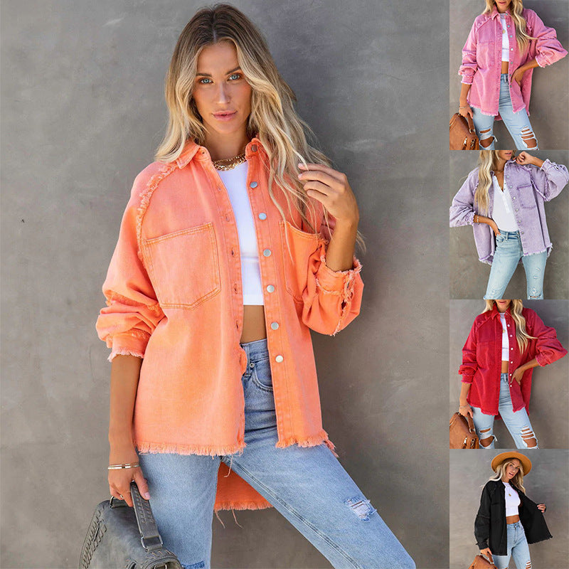 Damen Lässige Denim-Übergangsjacke im Vintage-Stil mit fransigen Details EB