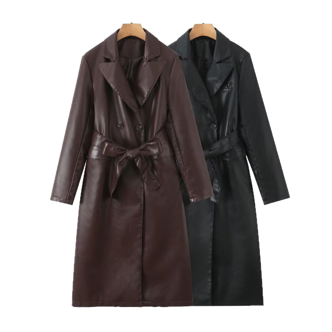 Damen Kunstleder Trenchcoat mit Taillengürtel und eleganter Taschennaht EB