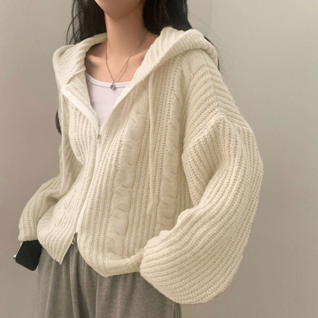 Damen Bequemer Strickjacke mit Kapuze und Reißverschluss EB