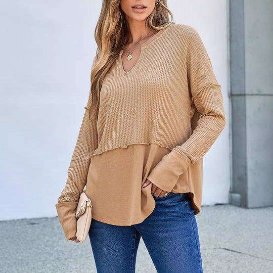 Damen lässiger Knit-Pullover mit V-Ausschnitt und Struktur EB