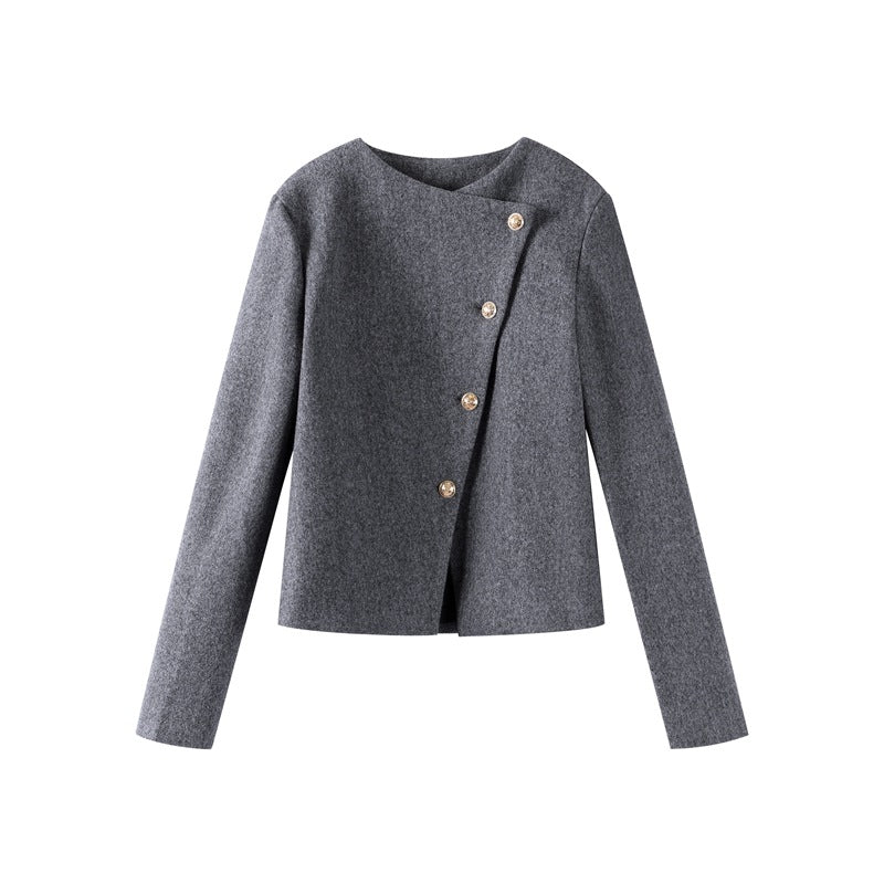 Damen Modische Wolljacke mit asymmetrischem Schnitt und eleganten Knopfdetails EB