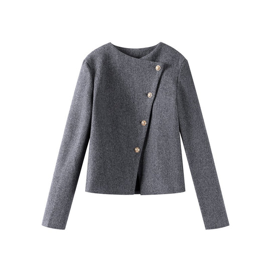 Damen Modische Wolljacke mit asymmetrischem Schnitt und eleganten Knopfdetails EB