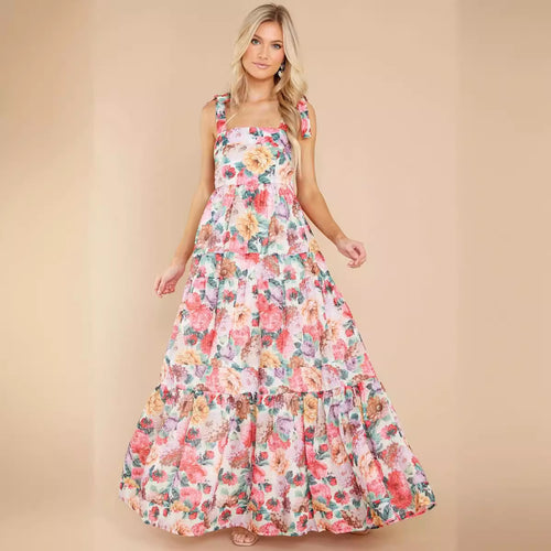 Damen Boho Maxikleid mit verspielten Rüschendetails und Trägern EB