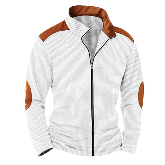 Herren nan strukturierte Strick‑Hybridjacke mit Stehkragen Kontrasteinsätzen und Ellbogenpatches EB