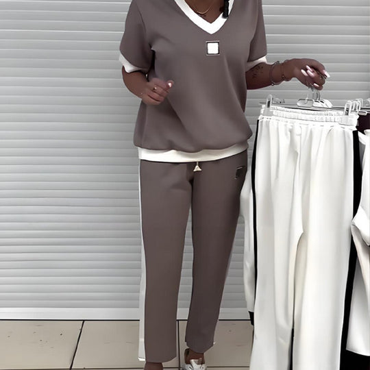 Damen nan zweiteiliges sportlich-elegantes Jersey-Set mit V-Ausschnitt, breiten Bündchen und seitlichem Streifen EB