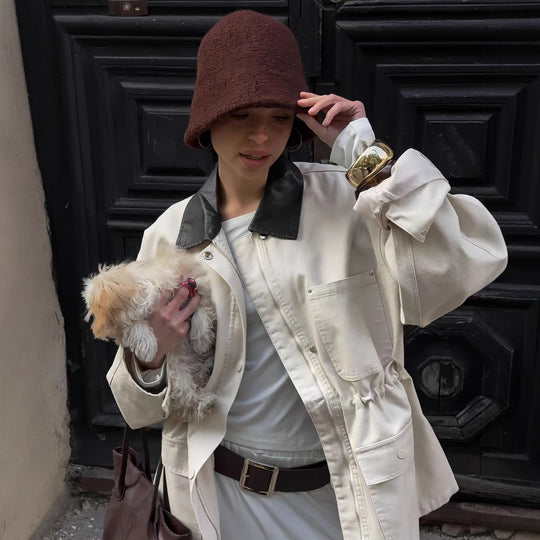 Damen Modische Oversized-Jacke mit elegantem Kragen und praktischen Taschen EB