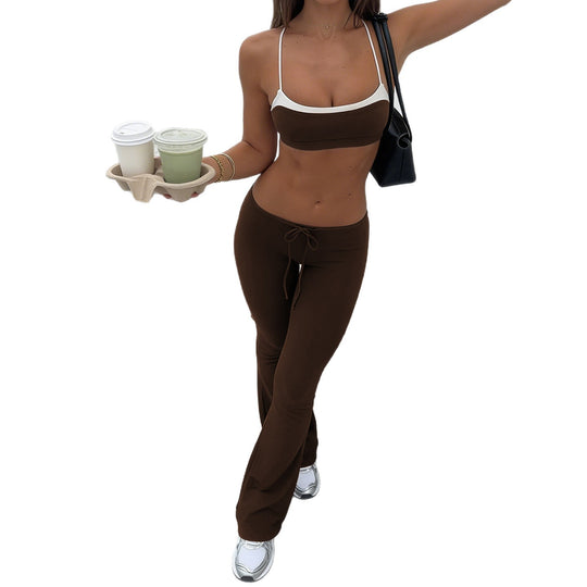 Damen sportliches Flared Set mit Crop-Top und bindbarem Bund EB