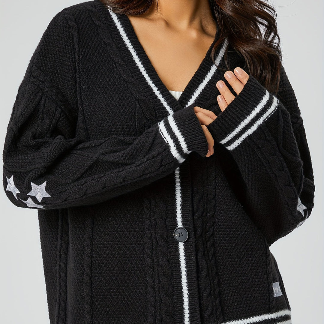 Damen nan oversized Zopfstrick Cardigan mit V-Ausschnitt und kontrastierenden Strickkanten EB