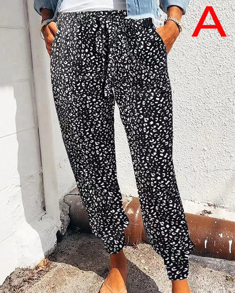 Damen nan lässige Leoparden-Print Jogginghose mit Tunnelzug, Eingrifftaschen und elastischen Bündchen EB
