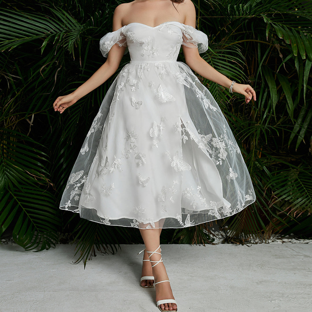 Damen Midikleid mit floralem Applikationsdesign und Puffärmeln EB
