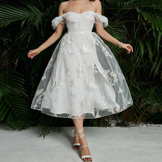 Damen Midikleid mit floralem Applikationsdesign und Puffärmeln EB