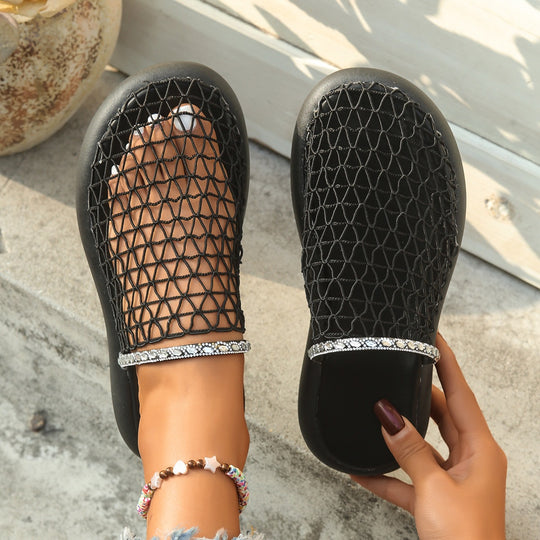 Damen Plateau-Pantoletten mit Netzdesign und Glitzerakzenten EB