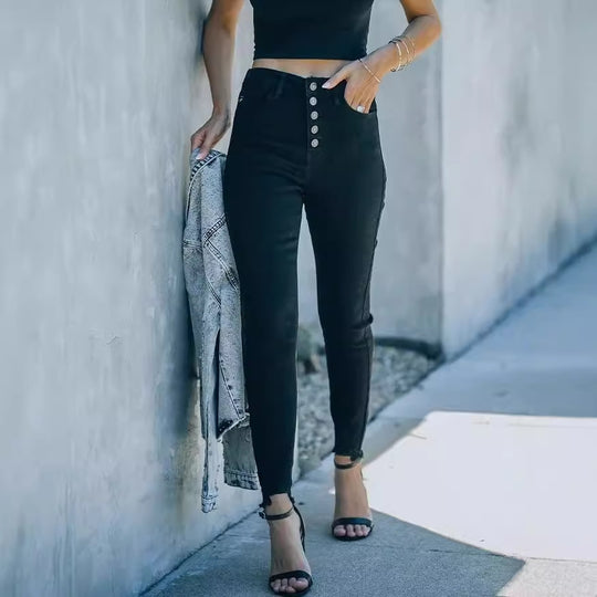 Damen Hochtaillierte Skinny Jeans mit knöpfbarem Bund und figurbetontem Schnitt EB