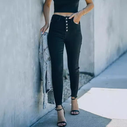 Damen Hochtaillierte Skinny Jeans mit knöpfbarem Bund und figurbetontem Schnitt EB